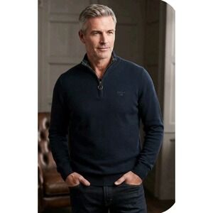 Barbour Mens XL Blue Cotton Quarter-Zip Jumper Sweater Tartan Trim MKN1074NY91